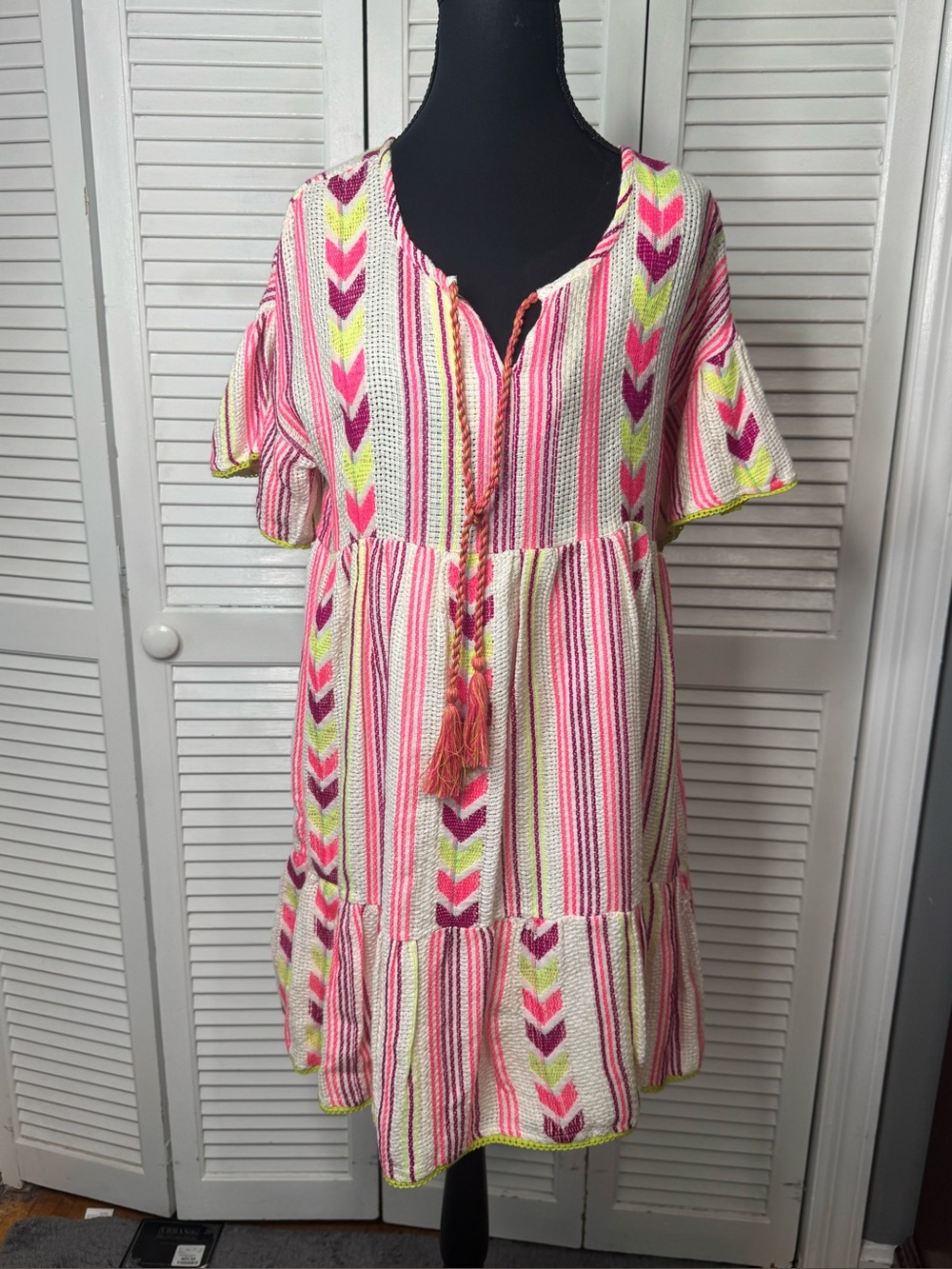 DRA Women Boho Pink Green Striped Shift Mini Dress Size Small